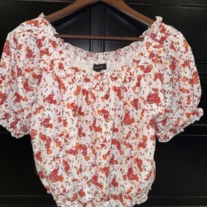 Calligraphie Women's White Eyelet Floral Crop Top Puff Sleeve Drawstring Large